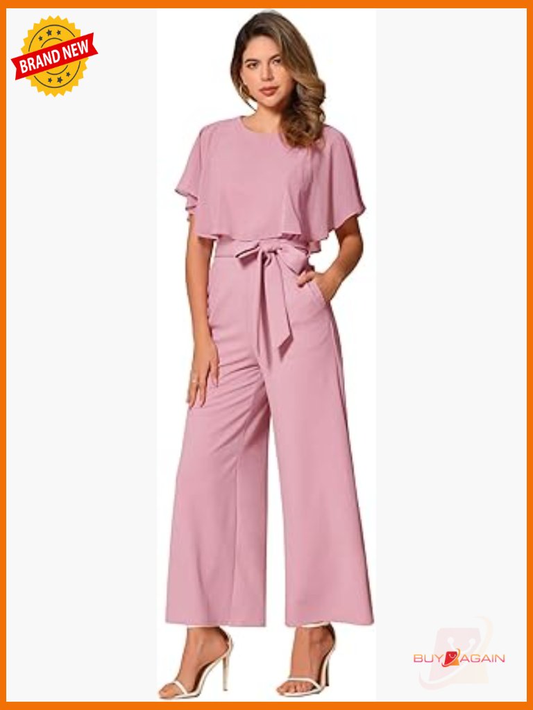 Ruffle Sleeve Wide Leg Jumpsuit With Tie Waist Pockets